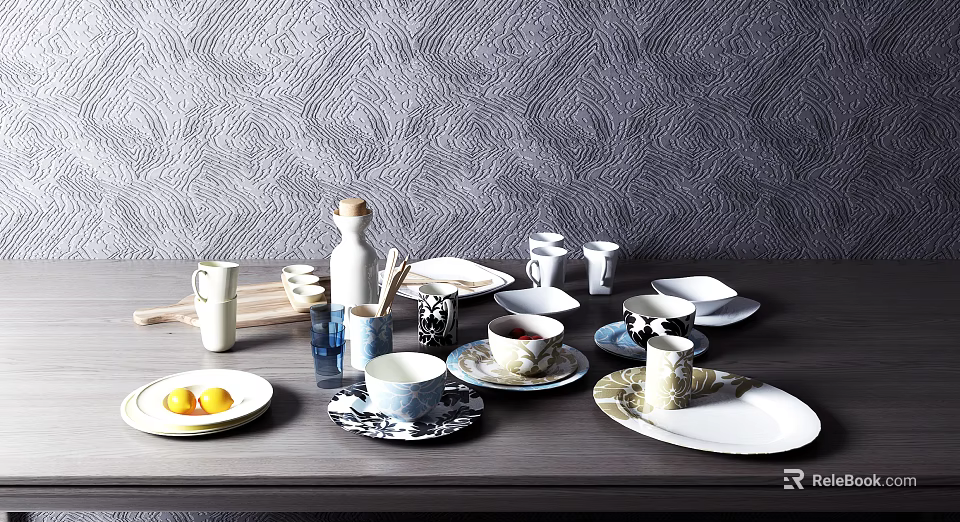 Modern Ceramic Tableware Set With Plates Bowls Cups And Saucers On Dining Table 3d model 