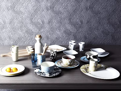 Modern Ceramic Tableware Set With Plates Bowls Cups And Saucers On Dining Table 3d model