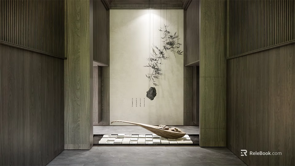 Chinese Style Hotel Lobby Interior With Ink Painting Bamboo Wooden Walls And Tile Floor 3d model 
