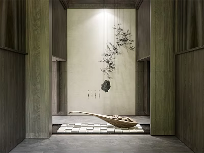 Chinese Style Hotel Lobby Interior With Ink Painting Bamboo Wooden Walls And Tile Floor 3d model