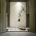 Chinese Style Hotel Lobby Interior With Ink Painting Bamboo Wooden Walls And Tile Floor