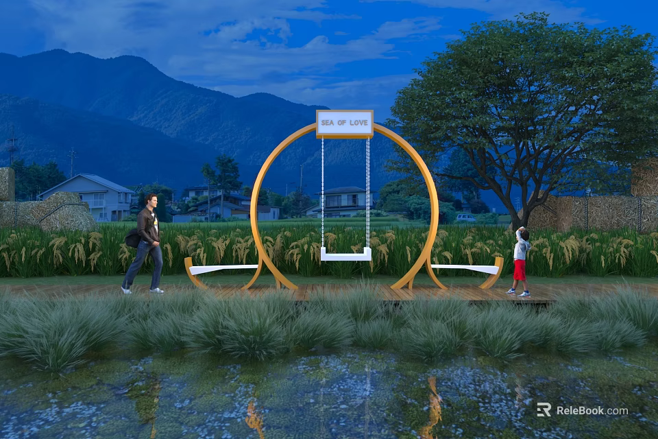 Garden Ornamental Circular Swing Installation with Natural Landscape Mountains Trees Pond and People Interacting 3d model 