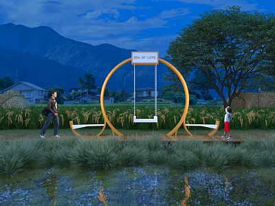 Garden Ornamental Circular Swing Installation with Natural Landscape Mountains Trees Pond and People Interacting 3d model
