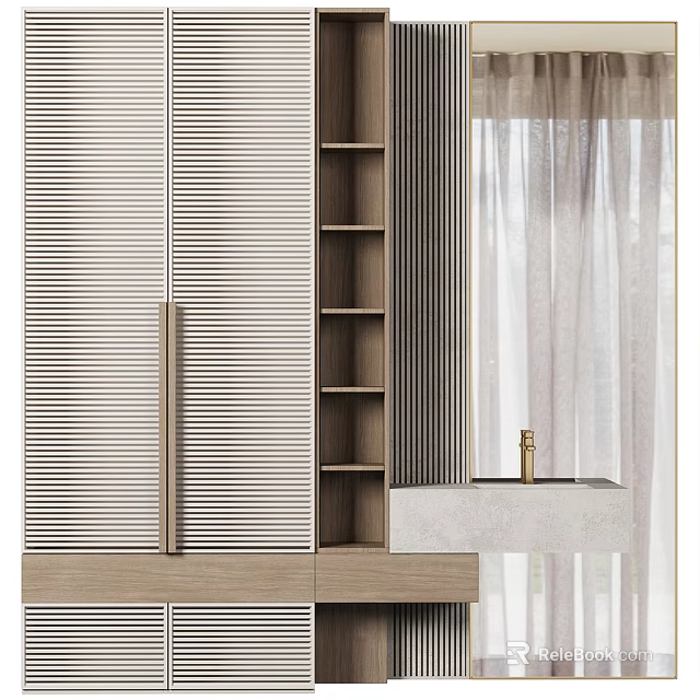 Modern Bathroom Vanity With Wooden Slatted Doors Open Shelves And White Countertop 3d model 