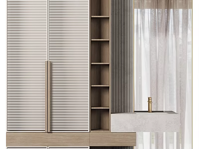 Modern Bathroom Vanity With Wooden Slatted Doors Open Shelves And White Countertop 3d model