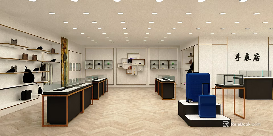 Elegant Shopping Mall Store Interior With Display Counters Shelves And Blue Suitcase 3d model 