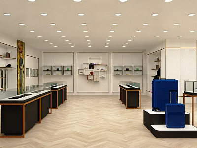 Elegant Shopping Mall Store Interior With Display Counters Shelves And Blue Suitcase 3d model