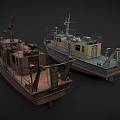 Vintage Ships with Yellow Blue Hulls and Rustic Brown Structures on Dark Background