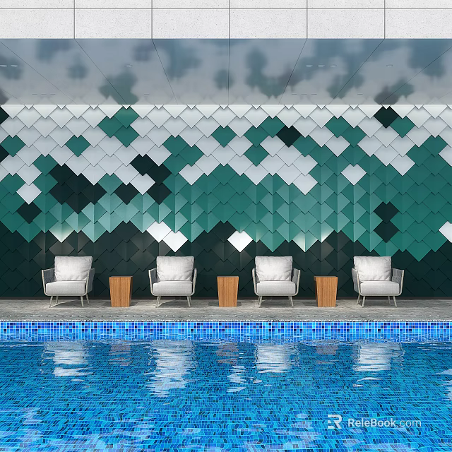 Modern Indoor Swimming Pool With Geometric Tile Wall And Comfortable Lounge Seats 3d model 