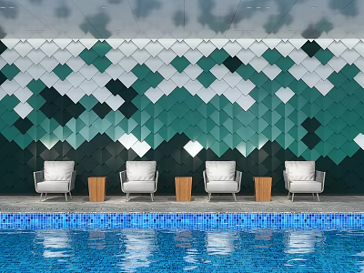Modern Indoor Swimming Pool With Geometric Tile Wall And Comfortable Lounge Seats 3d model