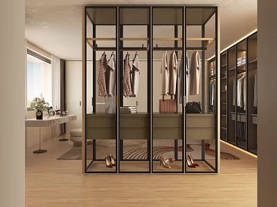 Modern Walk in Closet Design With Glass Door Cabinets Hanging Clothes And Shoes 3d model