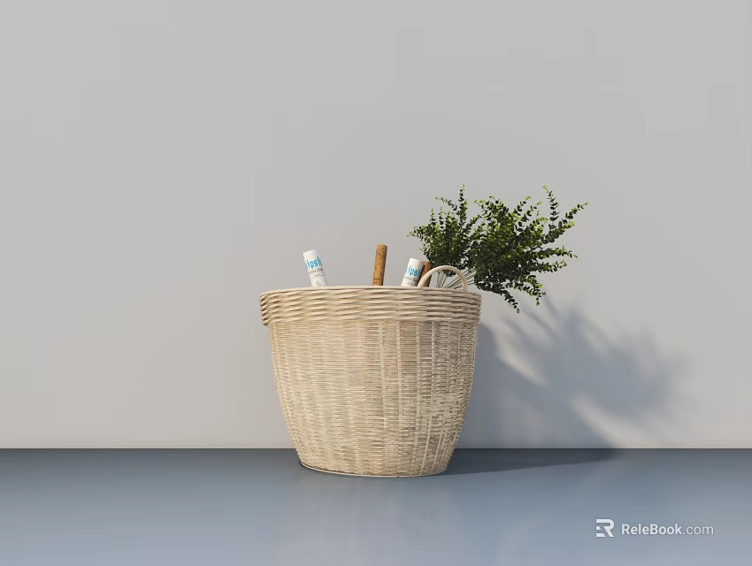 Natural Woven Storage Basket Organizing Items with Green Plant in Home Decor 3d model 