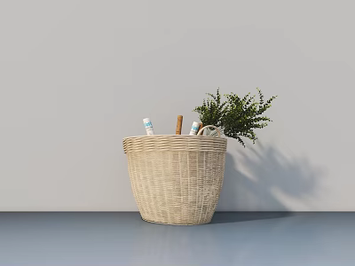 Natural Woven Storage Basket Organizing Items with Green Plant in Home Decor 3d model