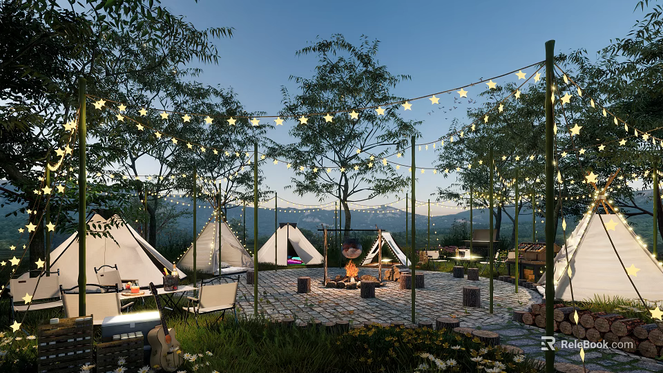 Outdoor Garden Landscape With White Tents String Lights Trees Campfire And Mountain Backdrop 3d model 
