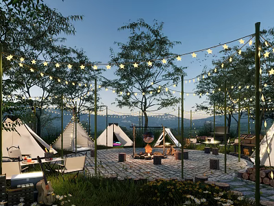 Outdoor Garden Landscape With White Tents String Lights Trees Campfire And Mountain Backdrop 3d model