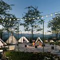Outdoor Garden Landscape With White Tents String Lights Trees Campfire And Mountain Backdrop