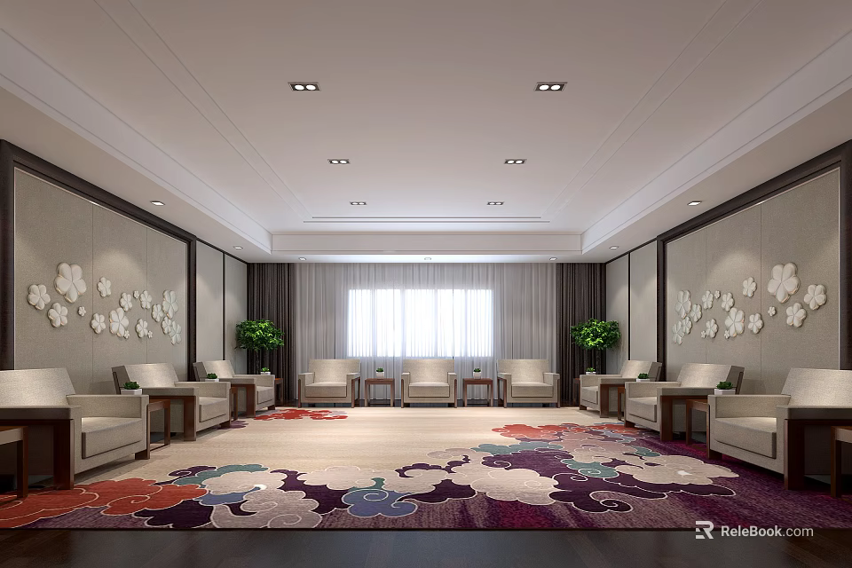 Spacious Hotel Public Lounge Area With Comfortable Sofas Decorative Carpets And Green Plants 3d model