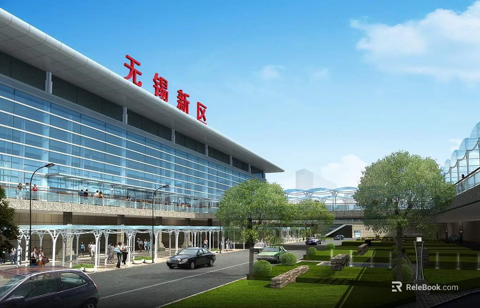 Wuxi New District Station With Modern Glass Facade Surrounded By Greenery And Parked Cars 3d model 