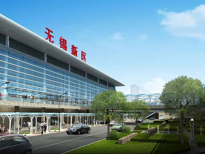 Wuxi New District Station With Modern Glass Facade Surrounded By Greenery And Parked Cars 3d model