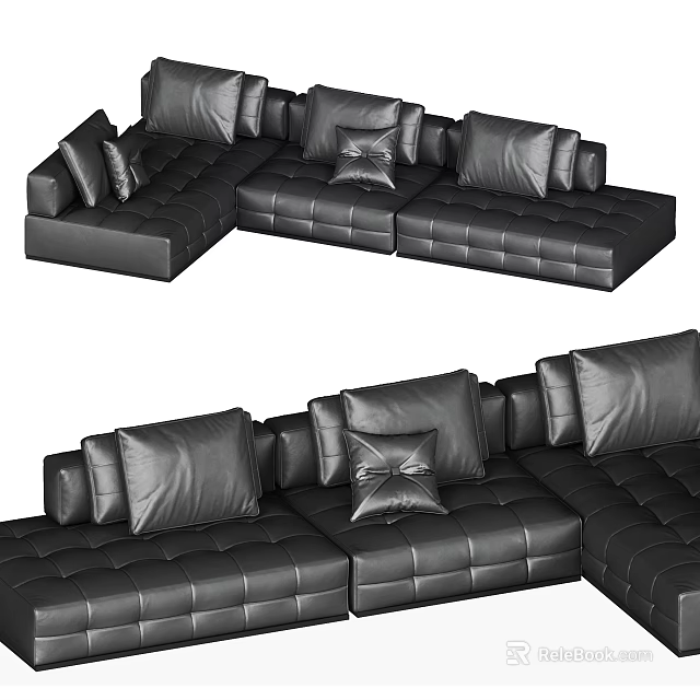 Modern Black Leather Sectional Sofa With Tufted Cushions And Modular Design 3d model