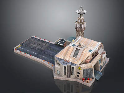 Cartoon Style Building Scene With Tower Runway Wooden Roof Warning Signs And Red Equipment 3d model