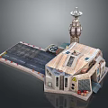 Cartoon Style Building Scene With Tower Runway Wooden Roof Warning Signs And Red Equipment