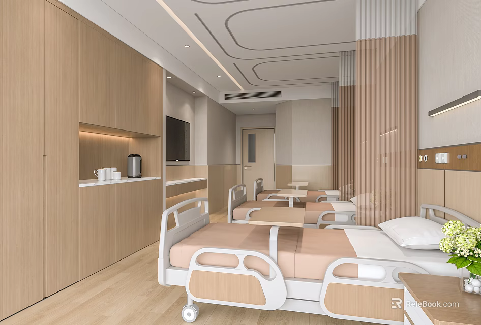 Modern Hospital Ward Interior With Beds And Wooden Cabinets 3d model 