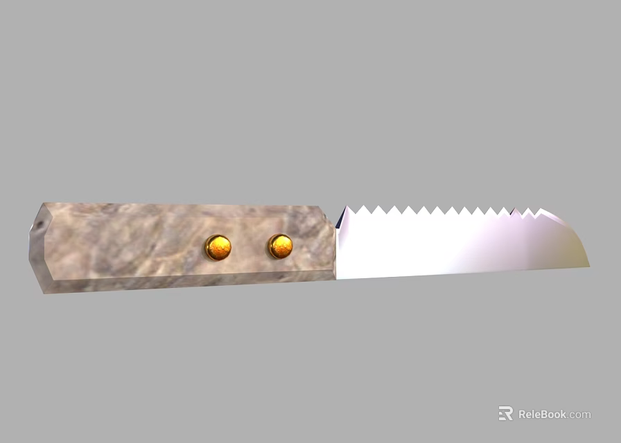 Tactical Weapon With Stone Textured Handle Golden Studs And Silver Serrated Blade 3d model 