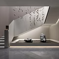 Modern Staircase Design With Hanging Decor Water Feature And Stone Sculptures