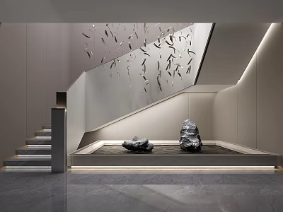 Modern Staircase Design With Hanging Decor Water Feature And Stone Sculptures 3d model