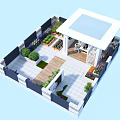 Modern Garden Landscape with White Pavilion Wooden Walkway Outdoor Seating Green Plants and Colorful Flowers