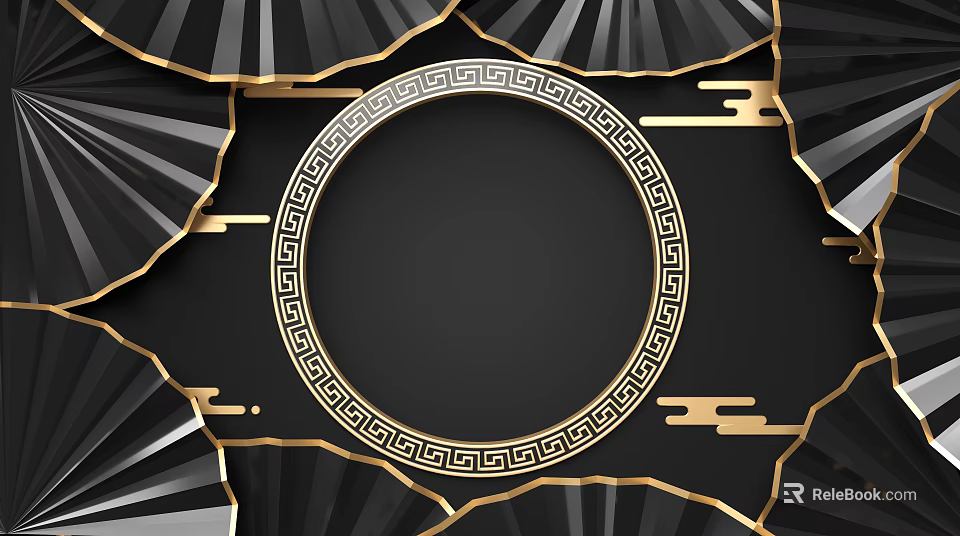 Ornate Black Background Wall With Golden Fan Shaped Elements And Greek Key Frame 3d model 