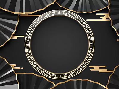 Ornate Black Background Wall With Golden Fan Shaped Elements And Greek Key Frame 3d model