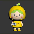 Cute Lemon Creature Character Holding Camera With Green Hair And Yellow Outfit