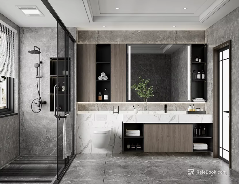 Modern Bathroom Interior With Glass Shower Partition Large Mirror Marble Vanity And Storage Cabinets 3d model 