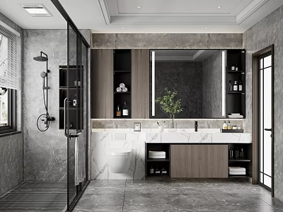Modern Bathroom Interior With Glass Shower Partition Large Mirror Marble Vanity And Storage Cabinets 3d model