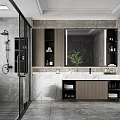 Modern Bathroom Interior With Glass Shower Partition Large Mirror Marble Vanity And Storage Cabinets