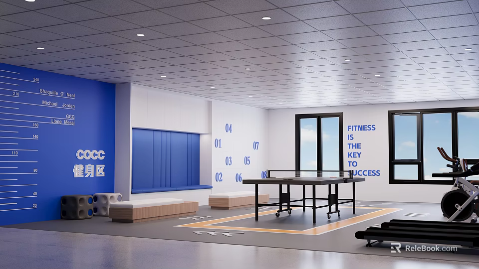 Modern Leisure Area With Blue Walls Lockers Ping Pong Table Windows And Fitness Equipment 3d model 