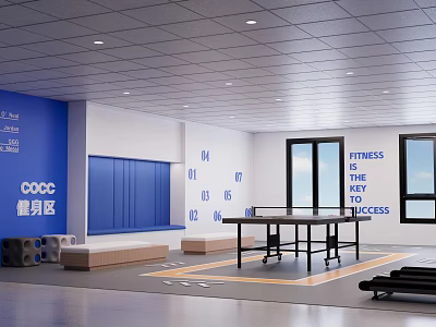 Modern Leisure Area With Blue Walls Lockers Ping Pong Table Windows And Fitness Equipment 3d model