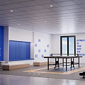 Modern Leisure Area With Blue Walls Lockers Ping Pong Table Windows And Fitness Equipment