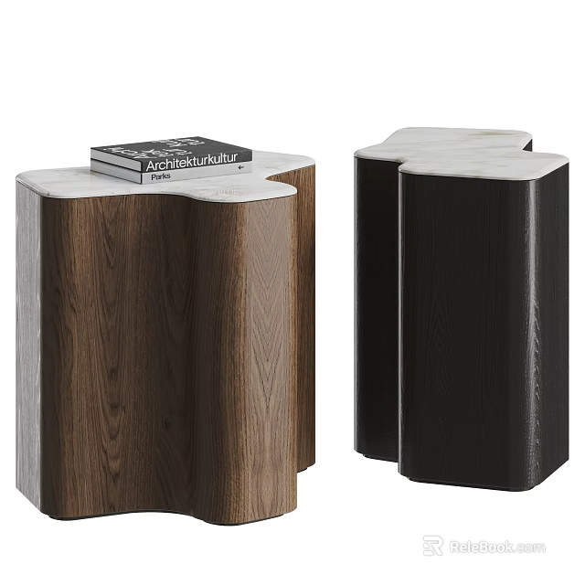 Stylish Wooden And Black Side Tables Featuring Marble Tops And Decorative Book 3d model 
