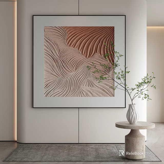 Abstract Painting Wavy Textured Brown Beige Tones With Green Plant On Round Table In Modern Interior 3d model 