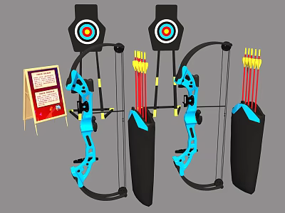 Outdoor Archery Sports Equipment With Blue Bows Red Yellow Arrows And Display Board 3d model