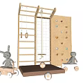 Wooden Kids Play Equipment with Climbing Net Ladder Rings Rock Wall and Bunny Dolls