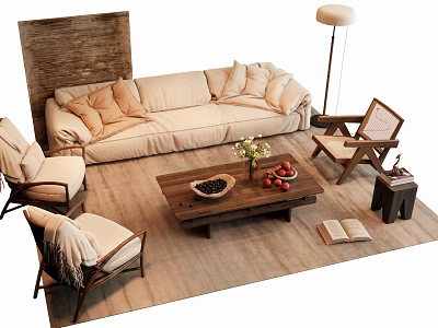 Beige Sofa With Plush Cushions And Wooden Coffee Table Set In Cozy Natural Living Room 3d model
