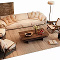 Beige Sofa With Plush Cushions And Wooden Coffee Table Set In Cozy Natural Living Room