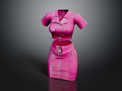 Stylish Pink Short Sleeve Leather Dress With Zipper And Belt Design 3d model