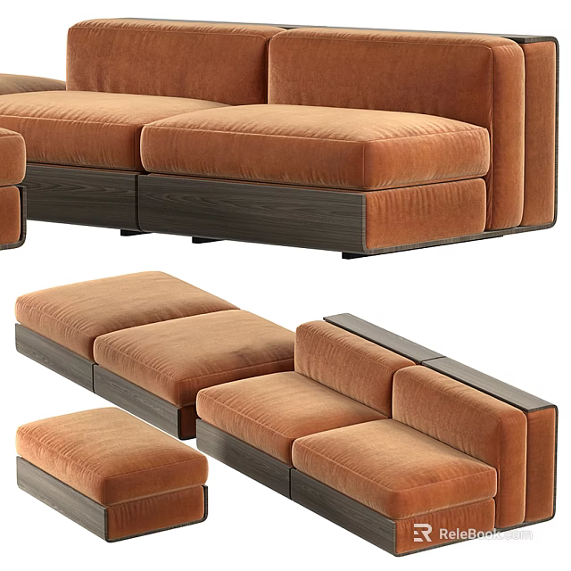 Modern Brown Velvet Sectional Sofa With Modular Design And Wooden Base 3d model 