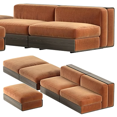 Modern Brown Velvet Sectional Sofa With Modular Design And Wooden Base 3d model
