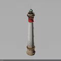 Classic Lighthouse Architecture With White Tower Red Stripe Green Lantern And Stone Base 3d model